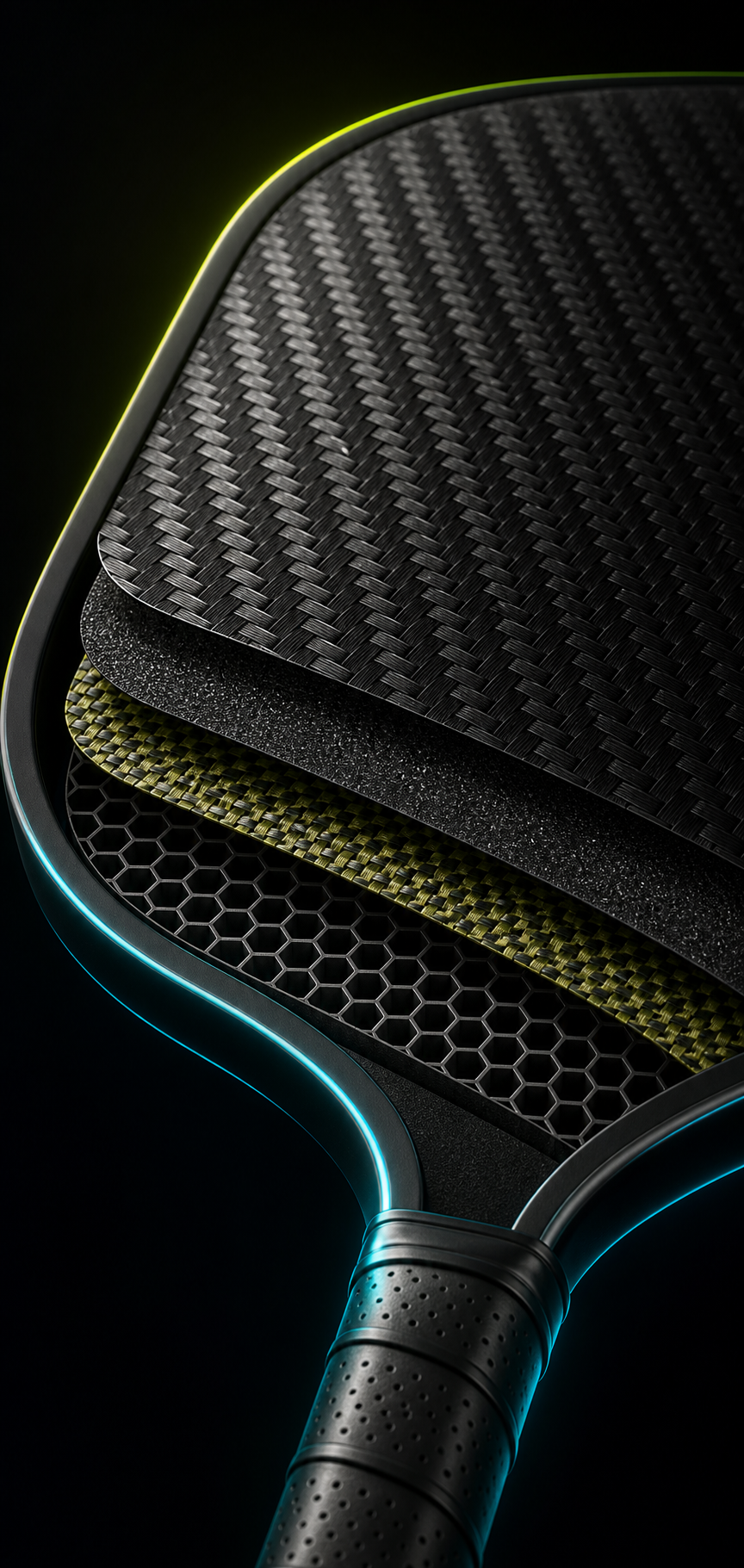 Exploded T700 raw carbon fiber paddle construction with honeycomb core